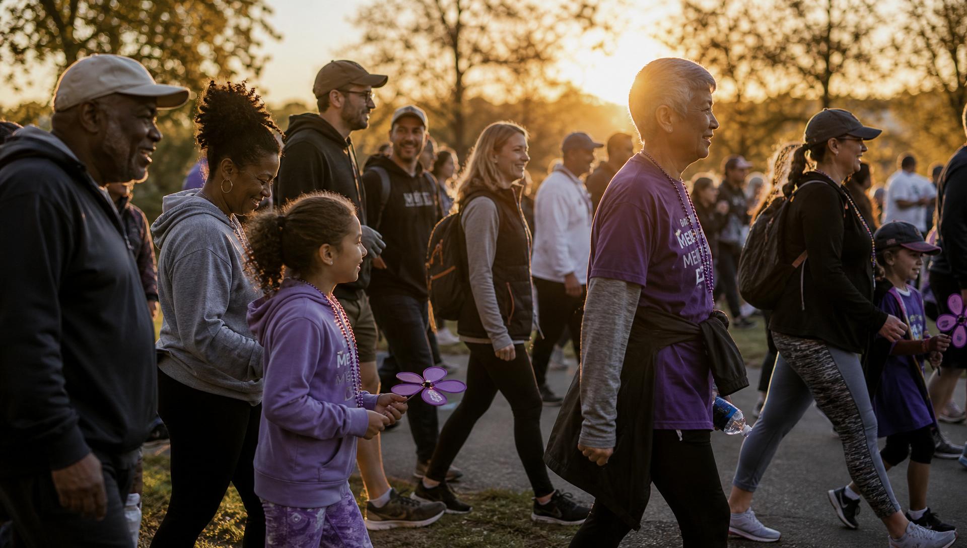 A diverse, multi-generational community walking together in golden hour light in support of the PFX Foundation