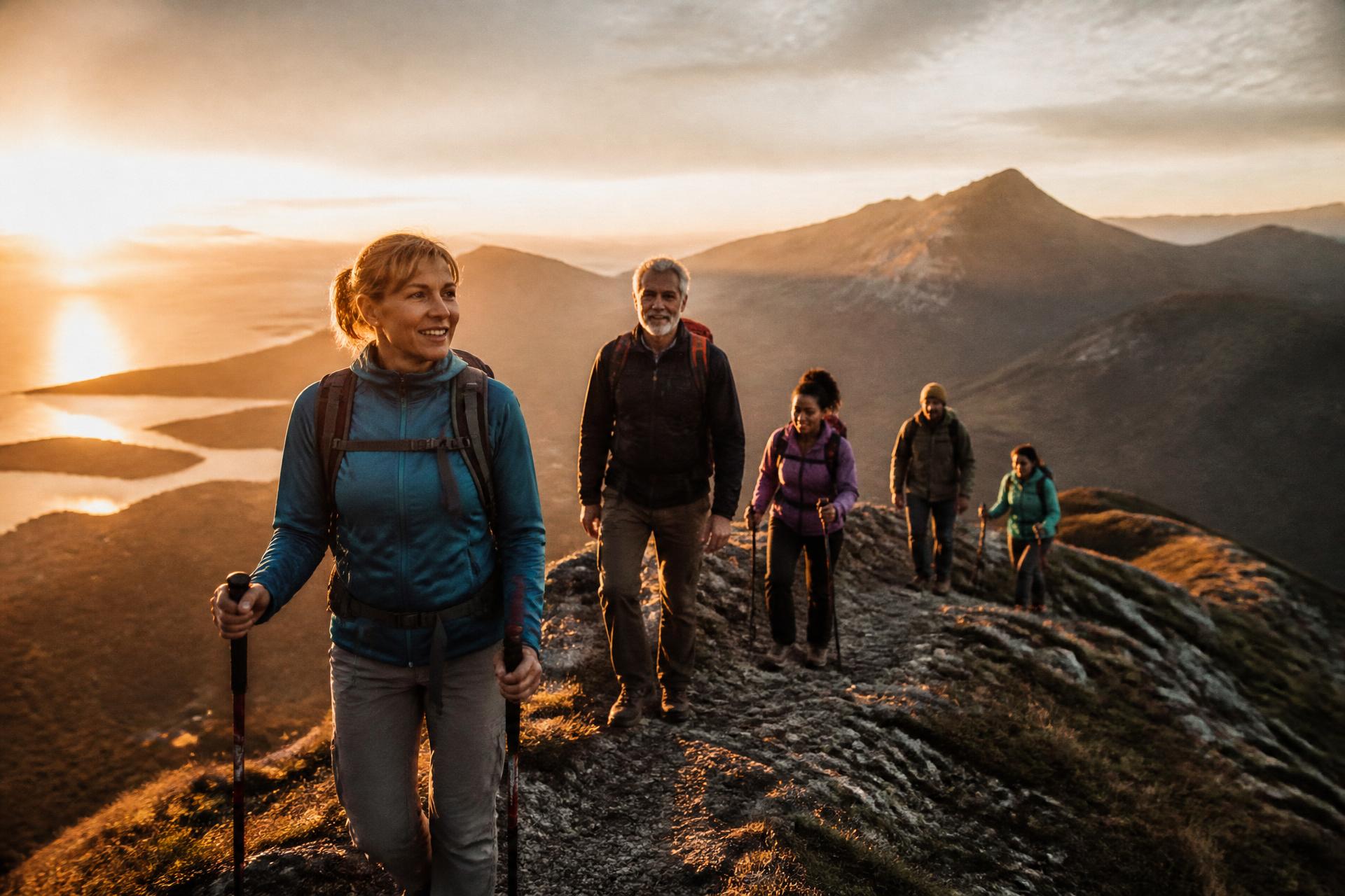 Active adults hiking a mountain ridge at sunrise — PFX Studios