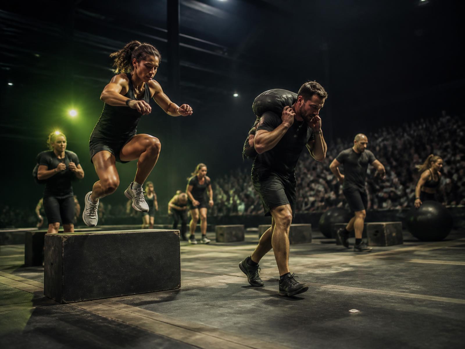 Competitors moving through varied conditioning challenges in an arena
