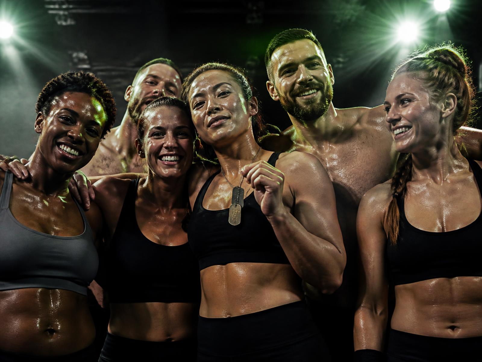 A diverse team of competitors celebrating together after a challenge
